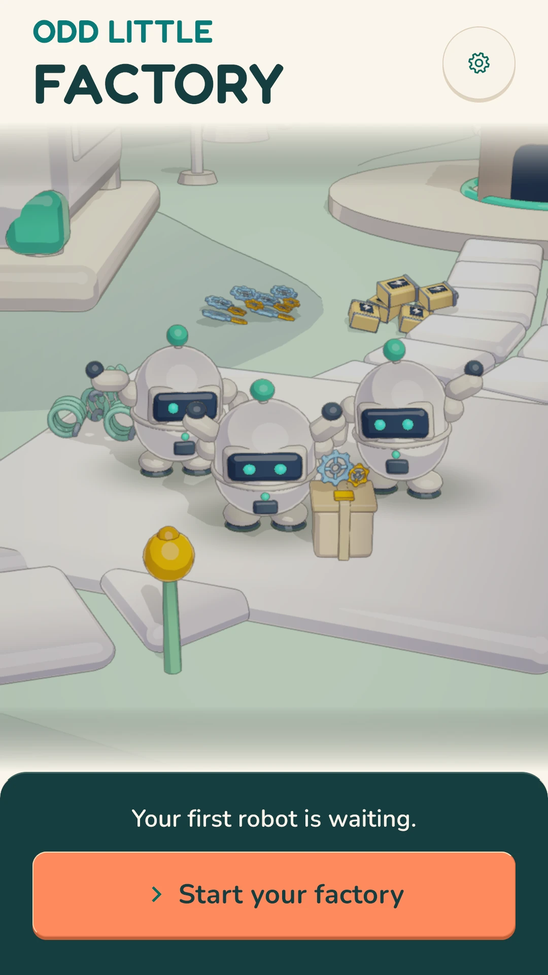Three little robots waving beside a box of gears in the game's workshop welcome scene